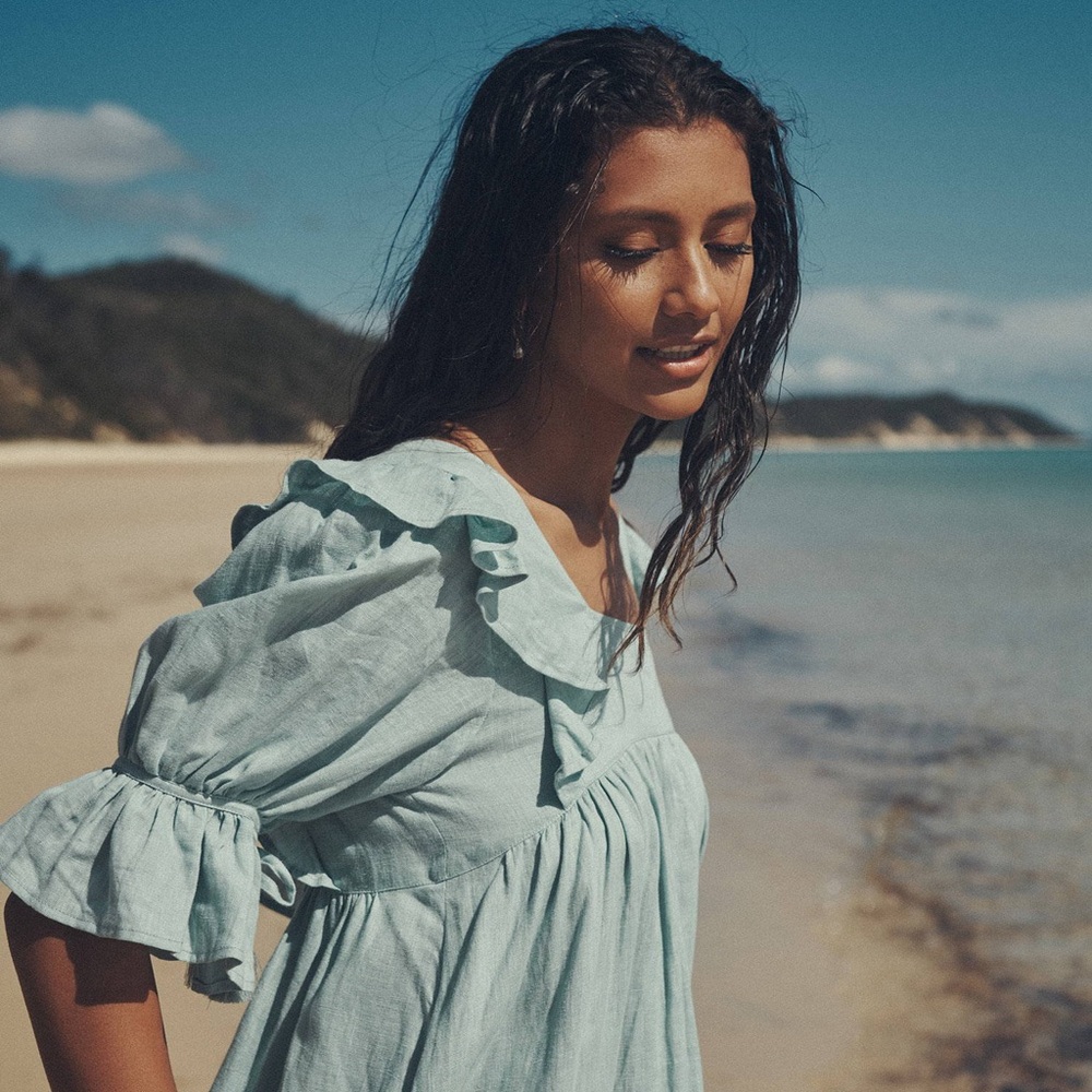 Spell Mae Linen Mini Dress in Seafoam